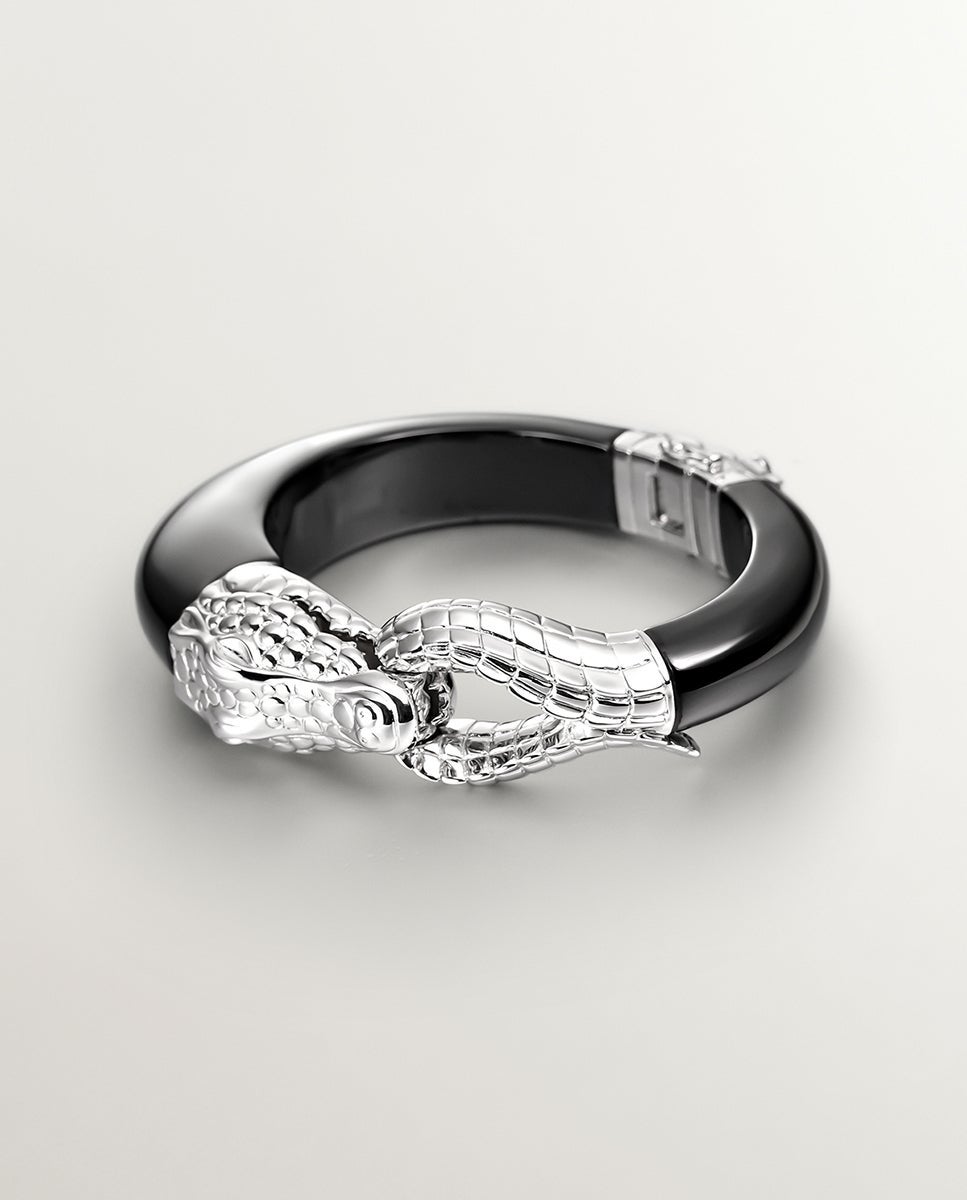 Bracelete Rígido de Prata 925 e Cerâmica Preta com Forma de Crocodilo Preto-2