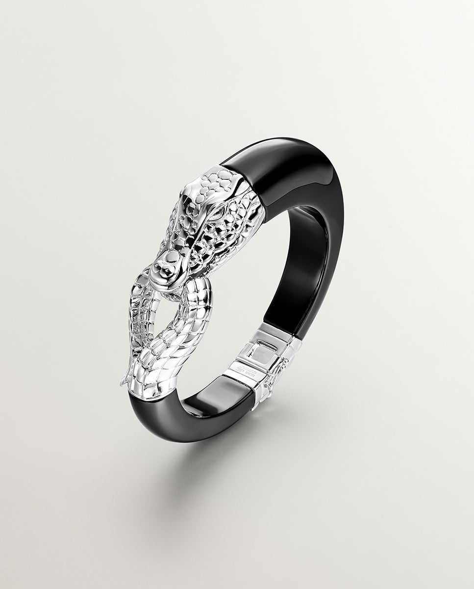 Bracelete Rígido de Prata 925 e Cerâmica Preta com Forma de Crocodilo Preto-4