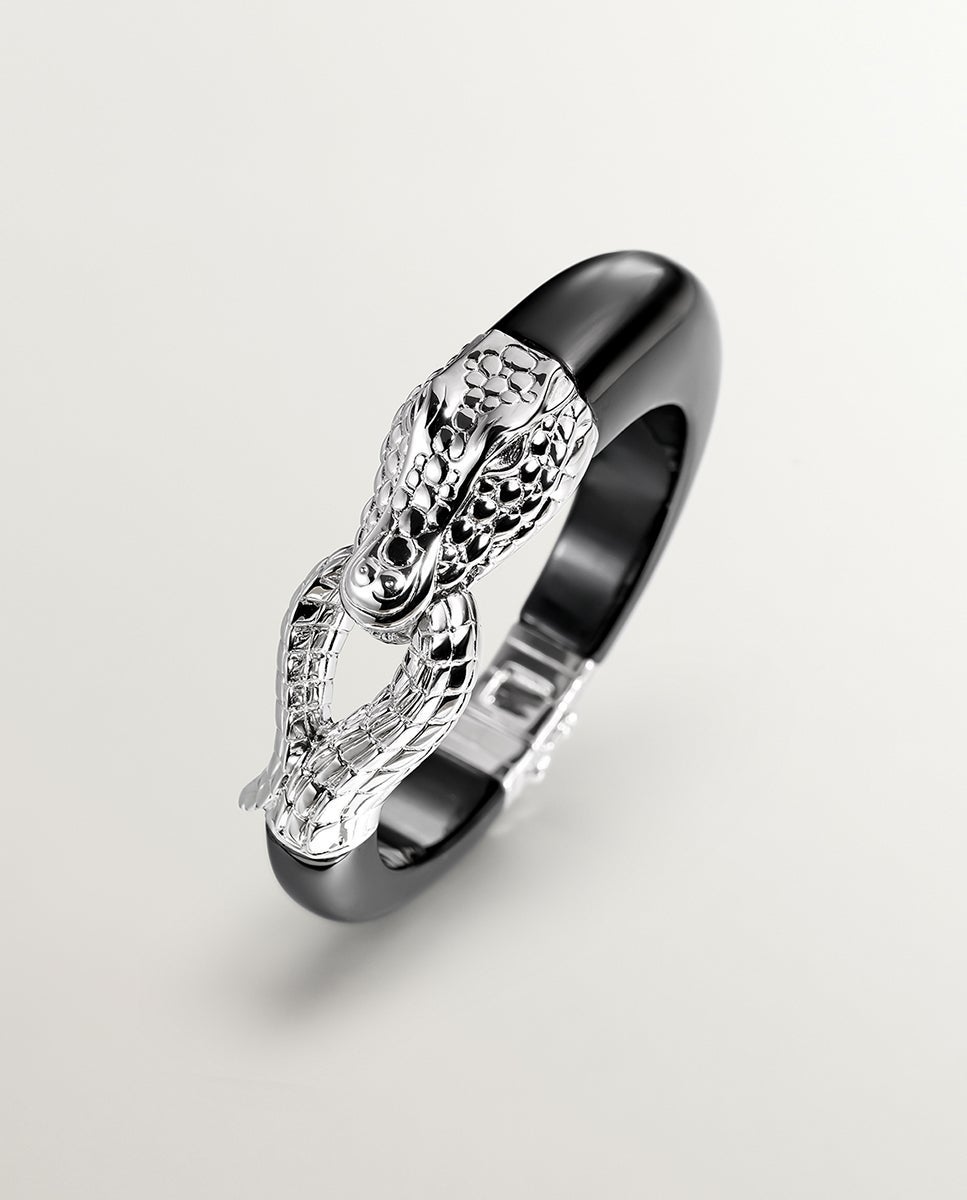 Bracelete Rígido de Prata 925 e Cerâmica Preta com Forma de Crocodilo Preto-6