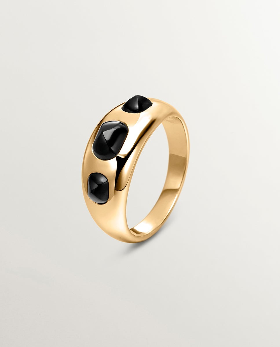 Anel de Prata 925 Banhada em Ouro Amarelo de 18k com Ágatas Negras Preto-2