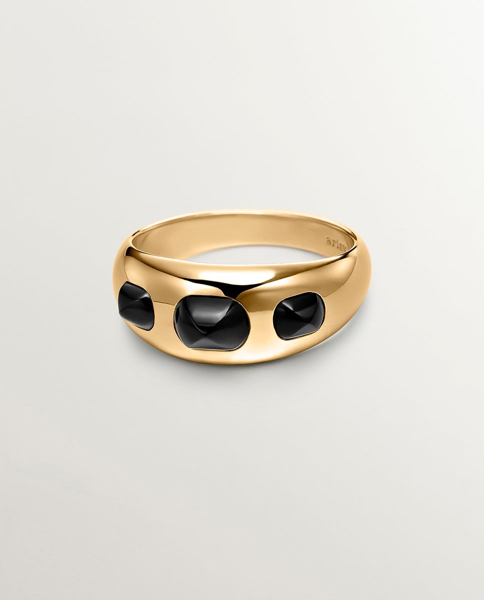 Anel de Prata 925 Banhada em Ouro Amarelo de 18k com Ágatas Negras Preto-3