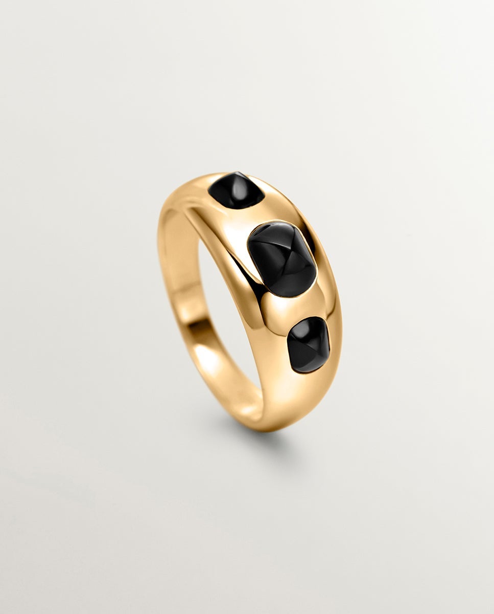 Anel de Prata 925 Banhada em Ouro Amarelo de 18k com Ágatas Negras Preto-5