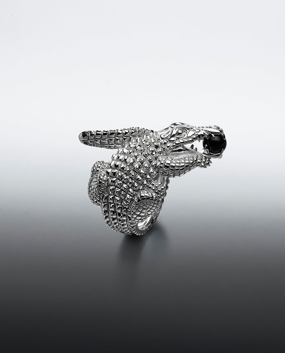 Anel de Prata 925 com Forma de Crocodilo e Ônix Preto Preto-1