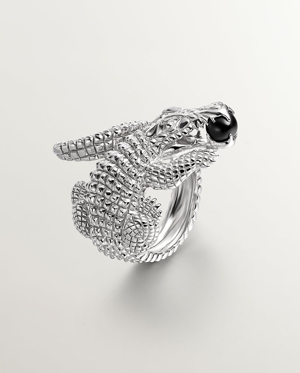 Anel de Prata 925 com Forma de Crocodilo e Ônix Preto Preto-3