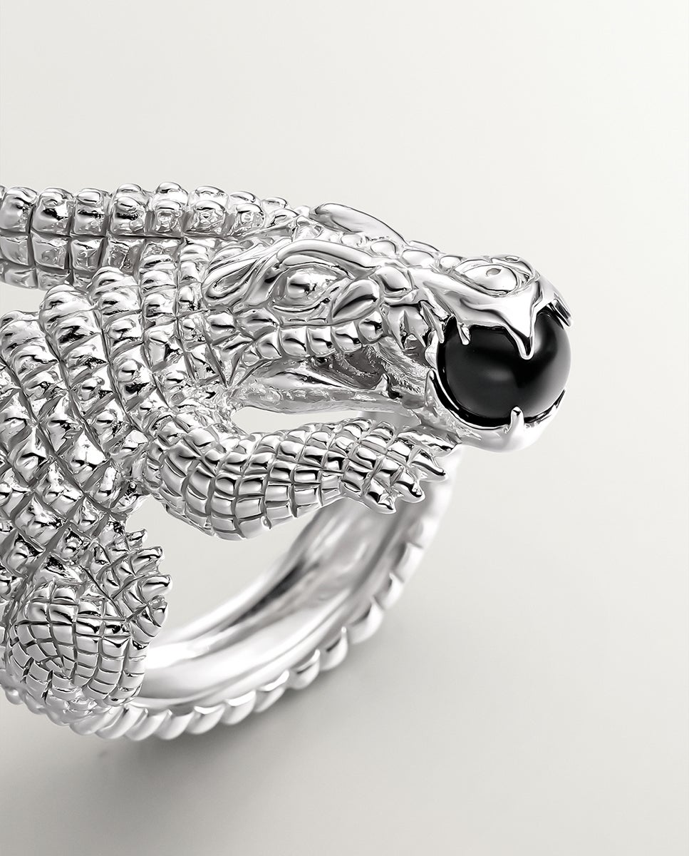Anel de Prata 925 com Forma de Crocodilo e Ônix Preto Preto-5