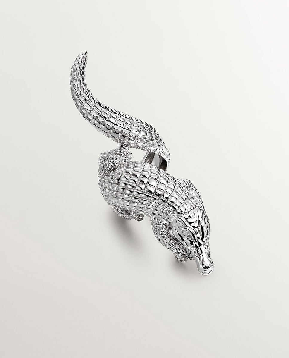 Anel de Prata 925 Grande com Forma de Crocodilo Prata-3