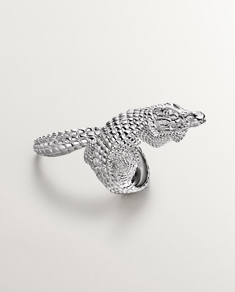 Anel de Prata 925 Grande com Forma de Crocodilo Prata-5