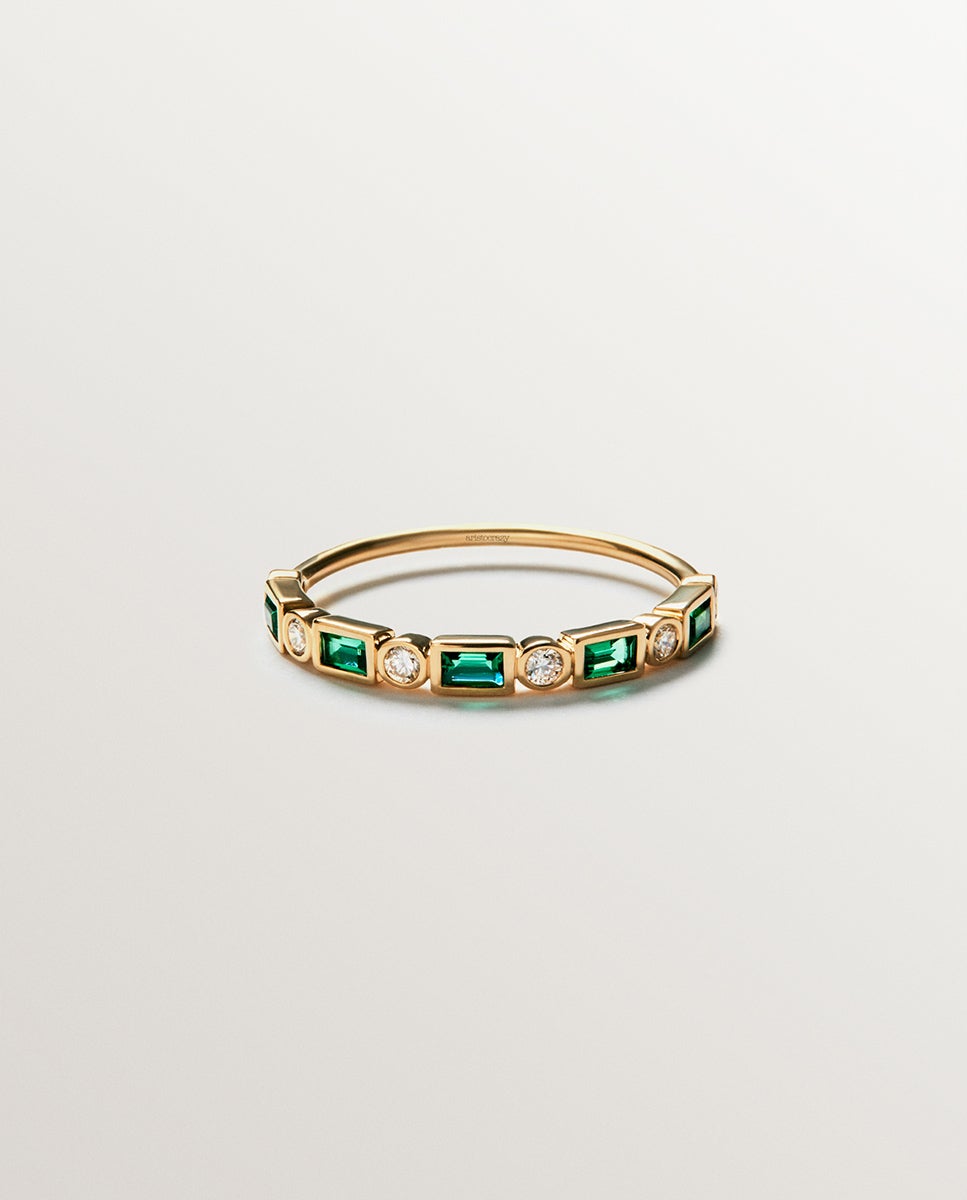Anel de Ouro Amarelo de 9k com Esmeraldas Verdes e Diamantes Verde-1