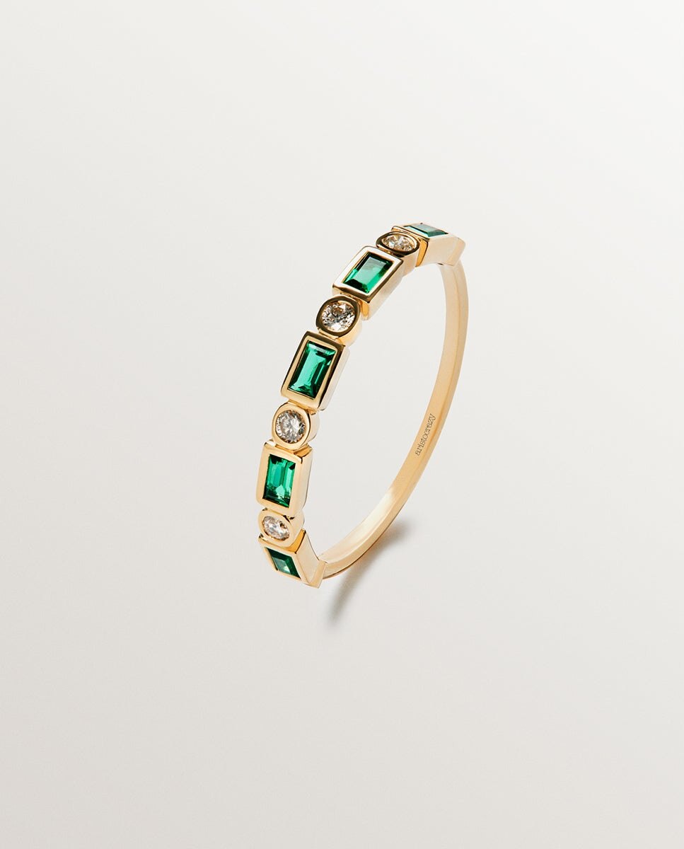 Anel de Ouro Amarelo de 9k com Esmeraldas Verdes e Diamantes Verde-3