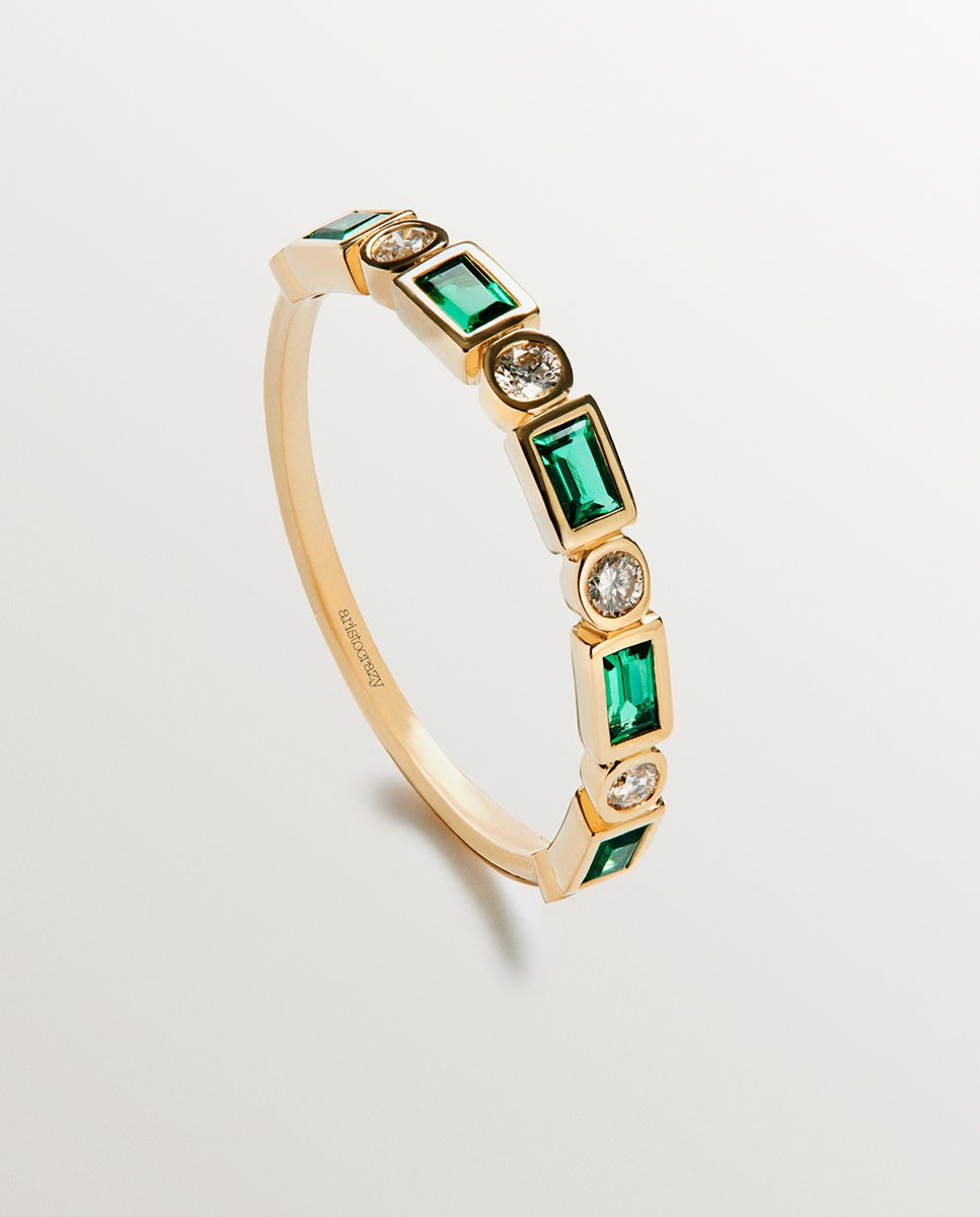 Anel de Ouro Amarelo de 9k com Esmeraldas Verdes e Diamantes Verde-5