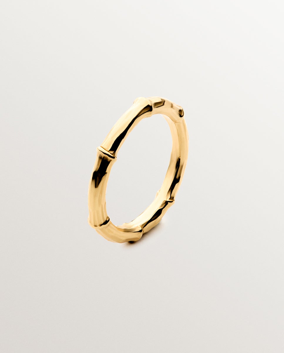 Anel de Prata 925 Banhada em Ouro Amarelo de 18k com Textura de Bambu Ouro-3