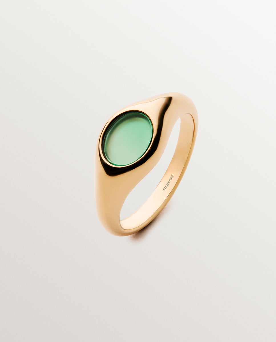 Anel Estilo Selo de Prata 925 Banhada em Ouro Amarelo de 18k com Ônix Verde Central Verde-1