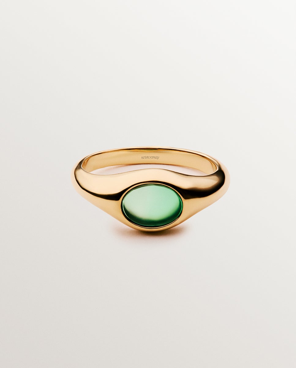 Anel Estilo Selo de Prata 925 Banhada em Ouro Amarelo de 18k com Ônix Verde Central Verde-3