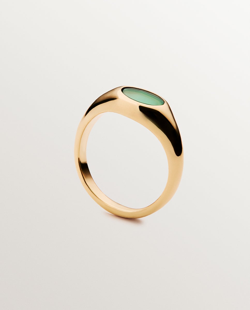 Anel Estilo Selo de Prata 925 Banhada em Ouro Amarelo de 18k com Ônix Verde Central Verde-4