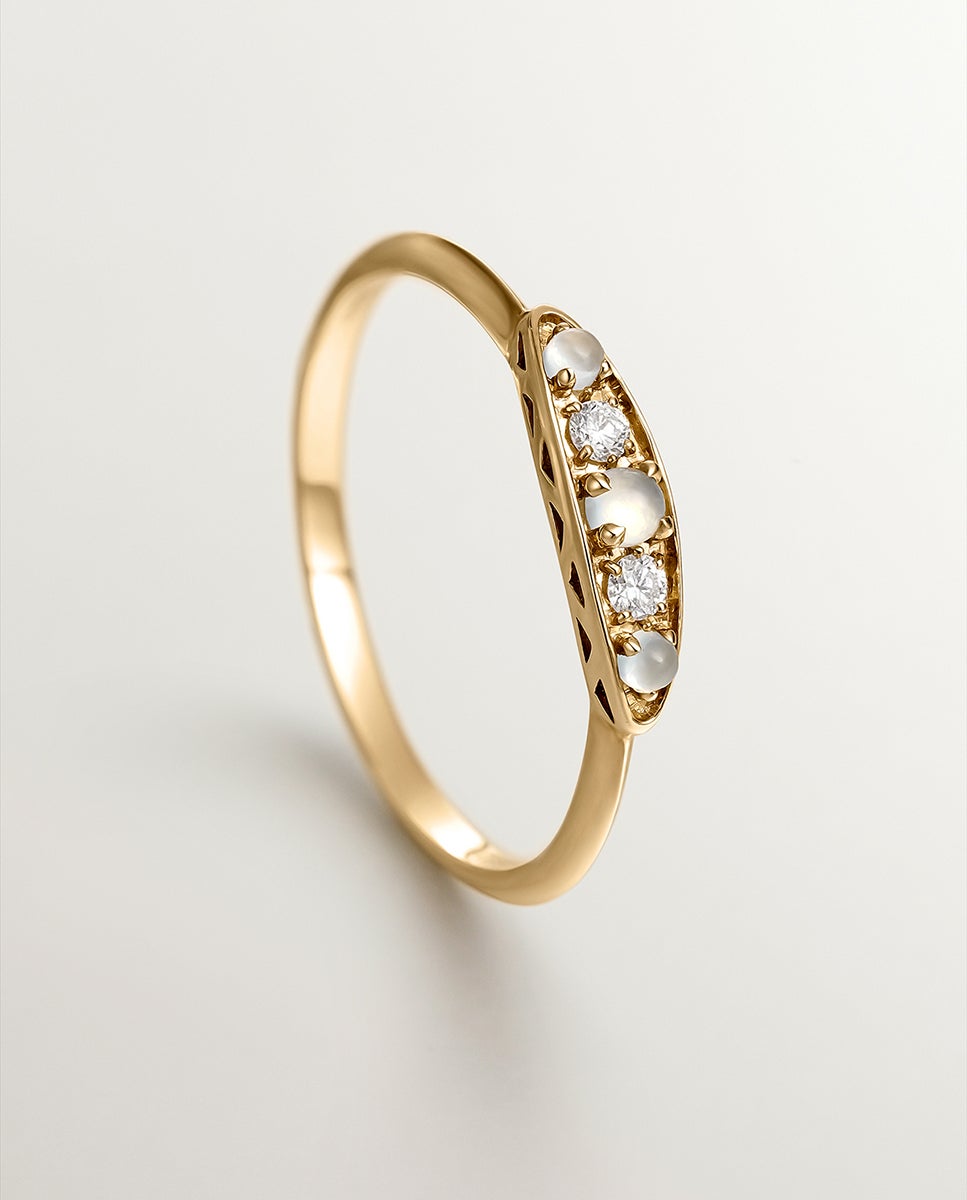 Anel de Ouro Amarelo de 18k com Calcedonias Azuis em Lapidação Cabochão e Diamantes em Lapidação Brilhante Azul-5