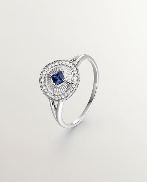Imagem 0 de Anel de Ouro Branco de 18K com Diamantes de 0,08 Cts e Safira Azul de 0,22 Cts