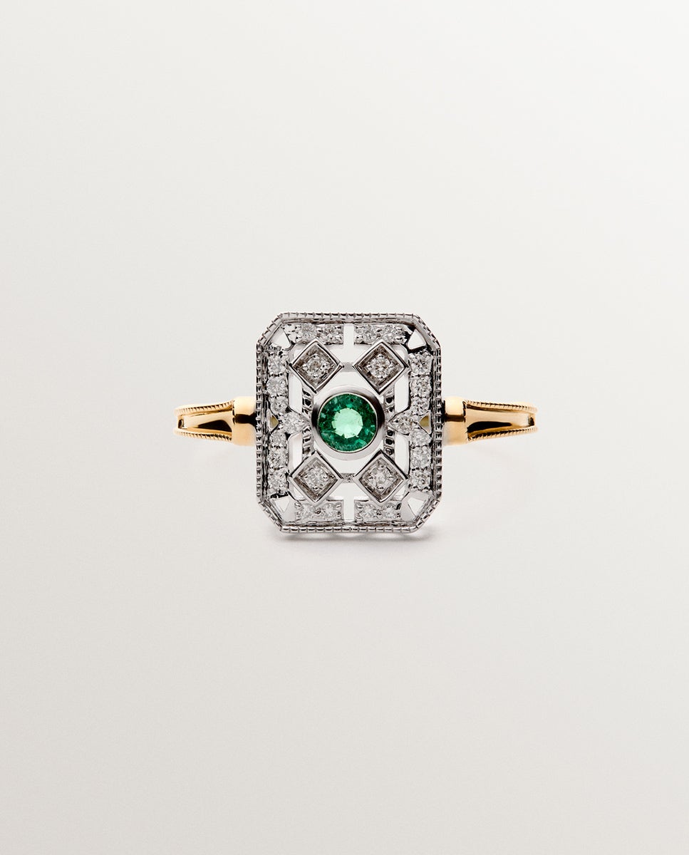 Anel de Ouro Branco e Ouro Amarelo de 18k com Diamantes em Tamanho Brilhante e Esmeraldas em Tamanho Brilhante Verde-1