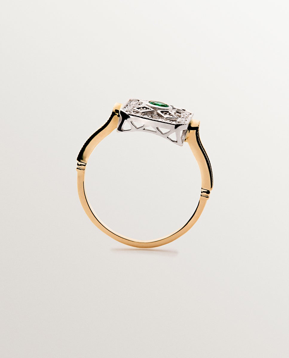 Anel de Ouro Branco e Ouro Amarelo de 18k com Diamantes em Tamanho Brilhante e Esmeraldas em Tamanho Brilhante Verde-5