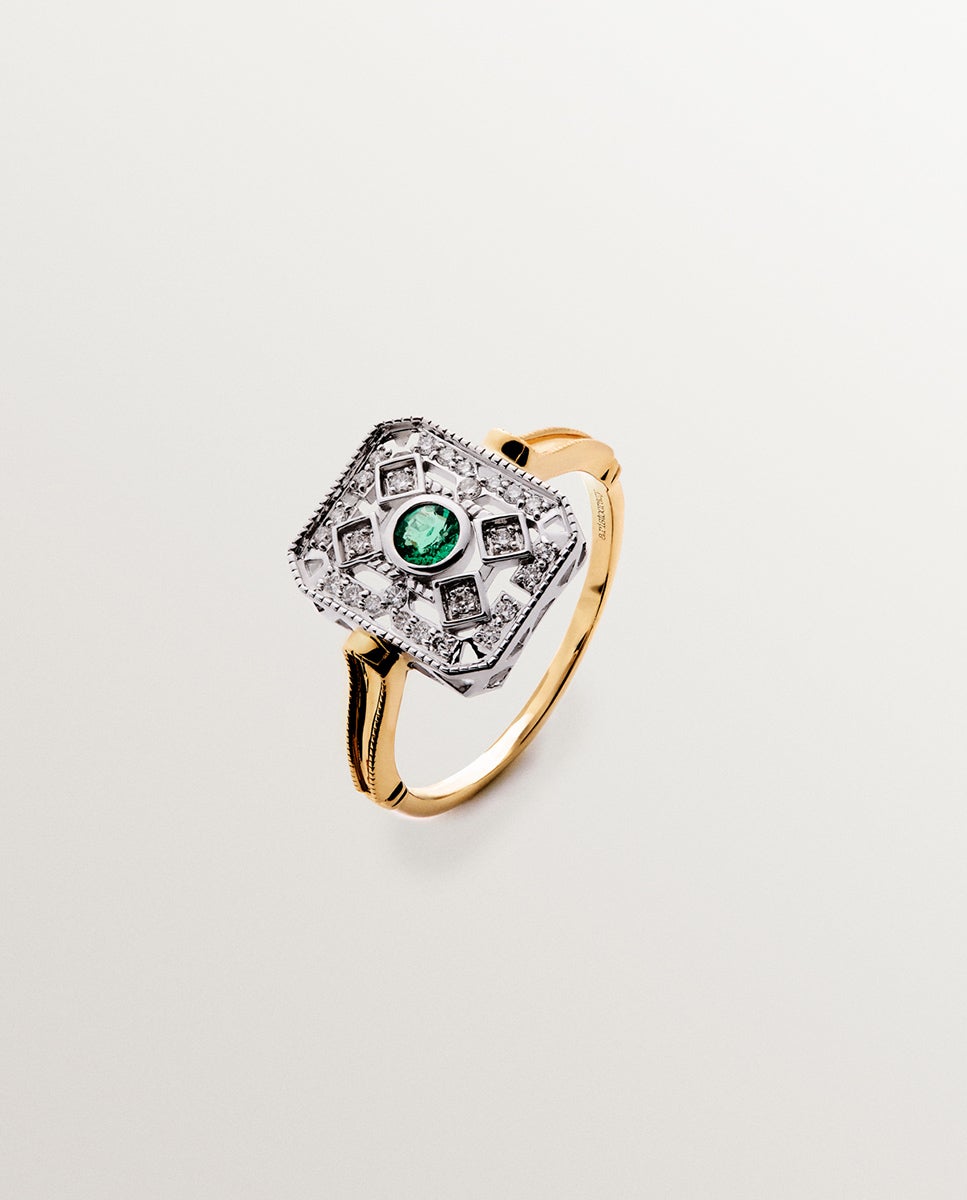 Anel de Ouro Branco e Ouro Amarelo de 18k com Diamantes em Tamanho Brilhante e Esmeraldas em Tamanho Brilhante Verde-3
