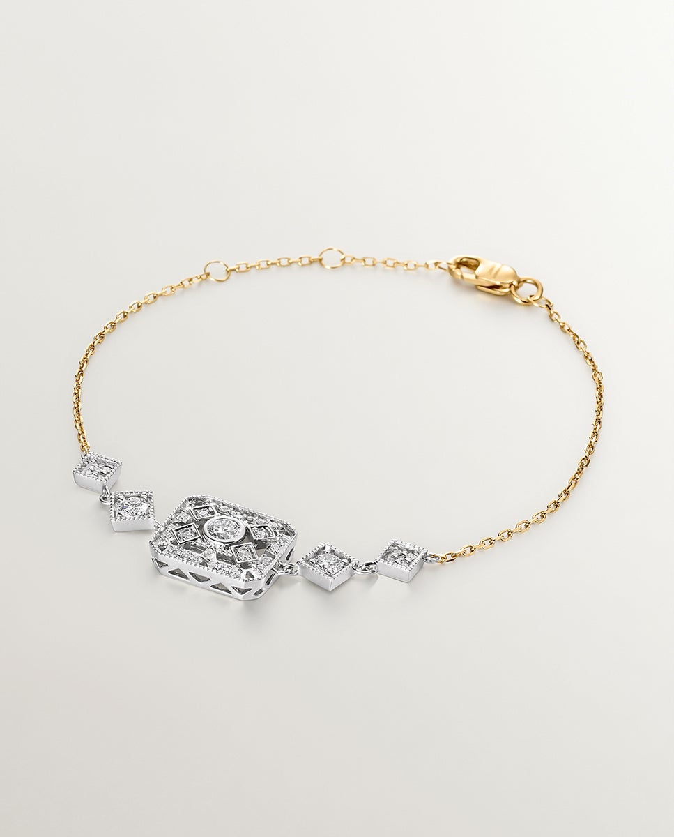 Pulseira de Ouro Branco e Amarelo de 18k com Diamantes em Tamanho Brilhante Branco-1