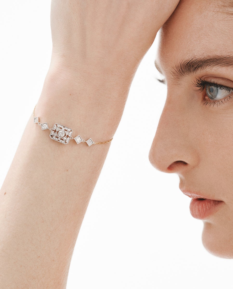 Pulseira de Ouro Branco e Amarelo de 18k com Diamantes em Tamanho Brilhante Branco-2