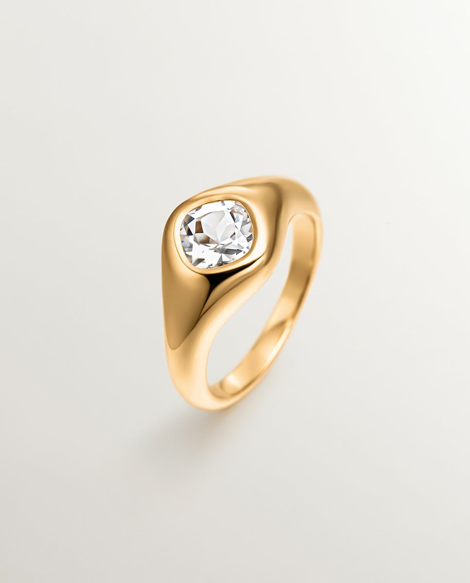 Anel de Selo de Prata 925 Banhada em Ouro Amarelo de 18k com Quartzo Branco Branco-1
