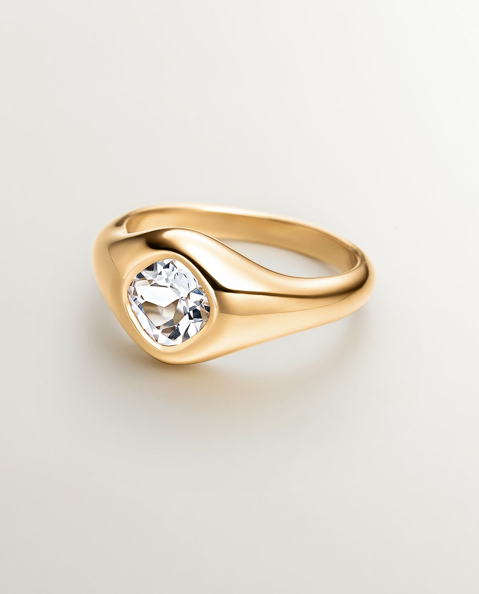 Anel de Selo de Prata 925 Banhada em Ouro Amarelo de 18k com Quartzo Branco Branco-3