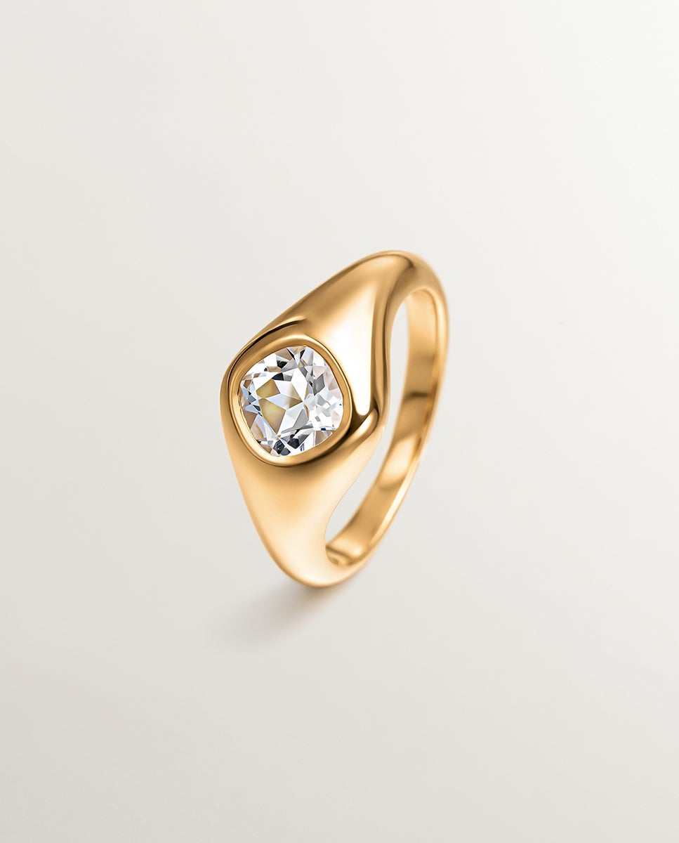 Anel de Selo de Prata 925 Banhada em Ouro Amarelo de 18k com Quartzo Branco Branco-5