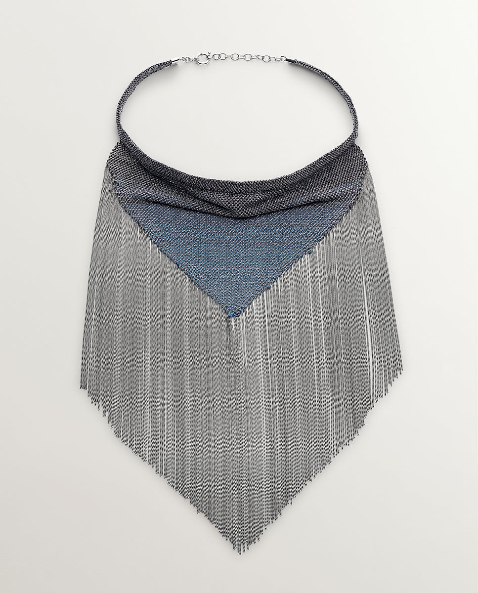 Colar Bandana de Malha de Prata 925 e Seda Azul-1