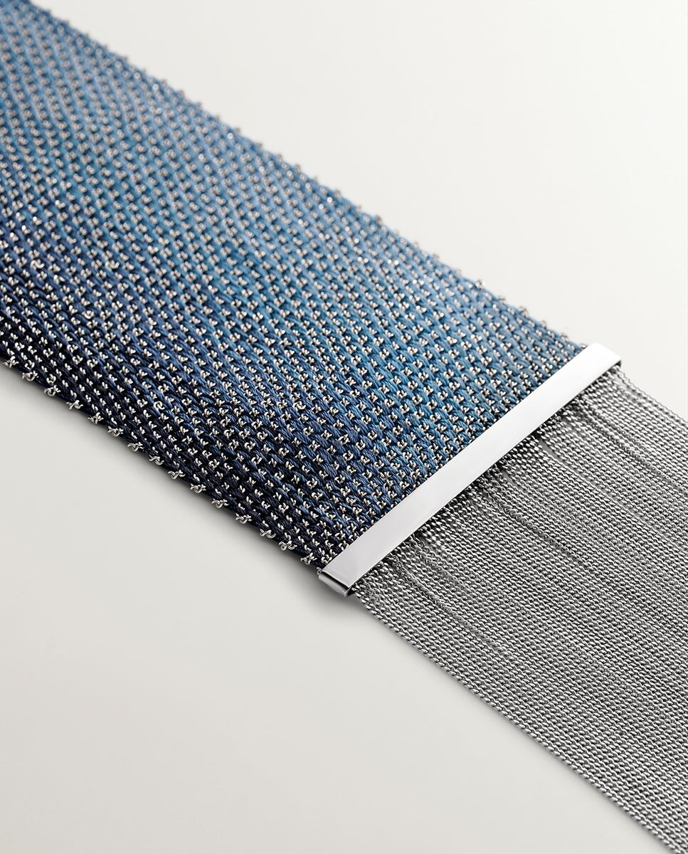 Colar de Malha de Prata 925 e Seda Azul-5