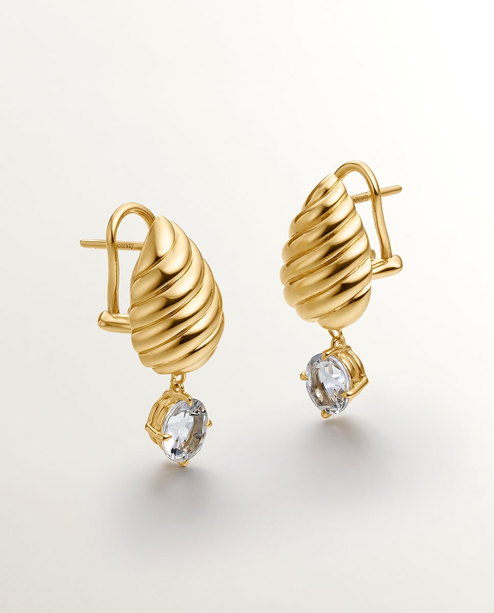 Brincos de Prata 925 Banhada em Ouro Amarelo de 18k com Quartzos Brancos e Textura Gallonada Branco-3