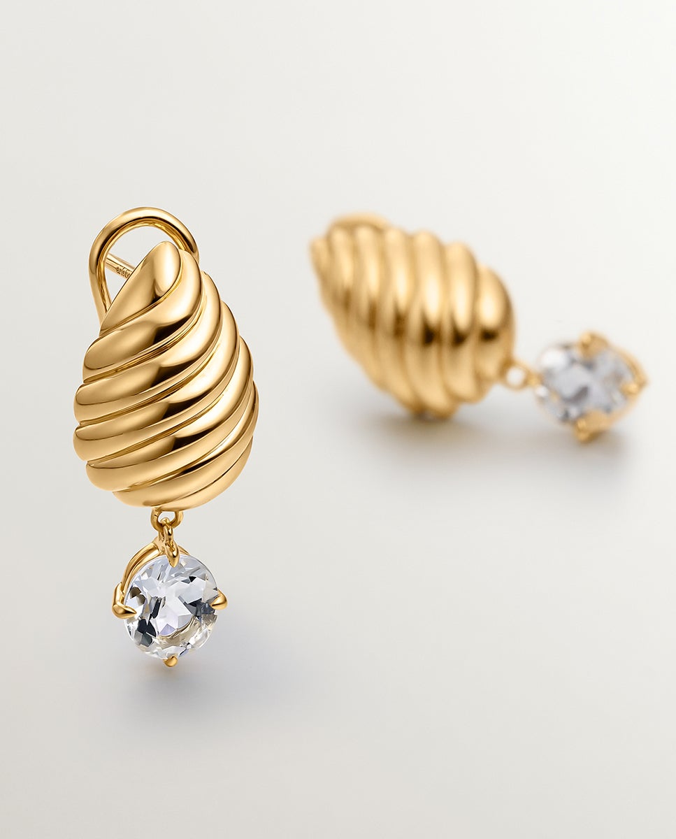 Brincos de Prata 925 Banhada em Ouro Amarelo de 18k com Quartzos Brancos e Textura Gallonada Branco-5