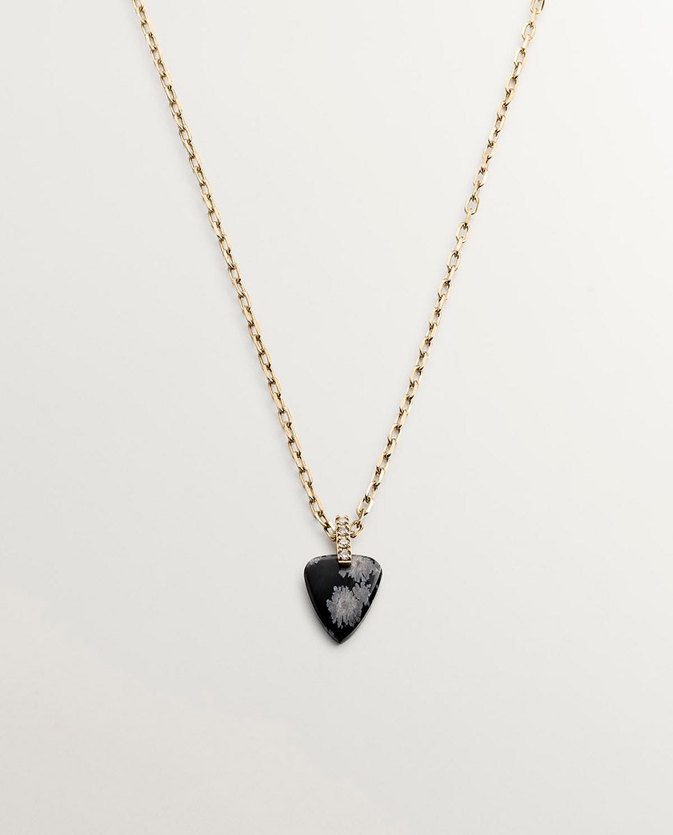 Imagem 0 de Colar de Ouro Amarelo de 9k com Obsidiana Preta em Corte Lágrima e Diamantes em Corte Brilhante de 0,03 Cts