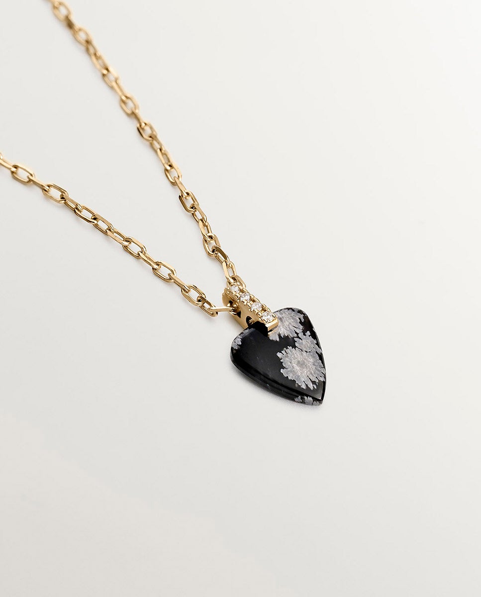 Colar de Ouro Amarelo de 9k com Obsidiana Preta em Corte Lágrima e Diamantes em Corte Brilhante de 0,03 Cts Preto-3