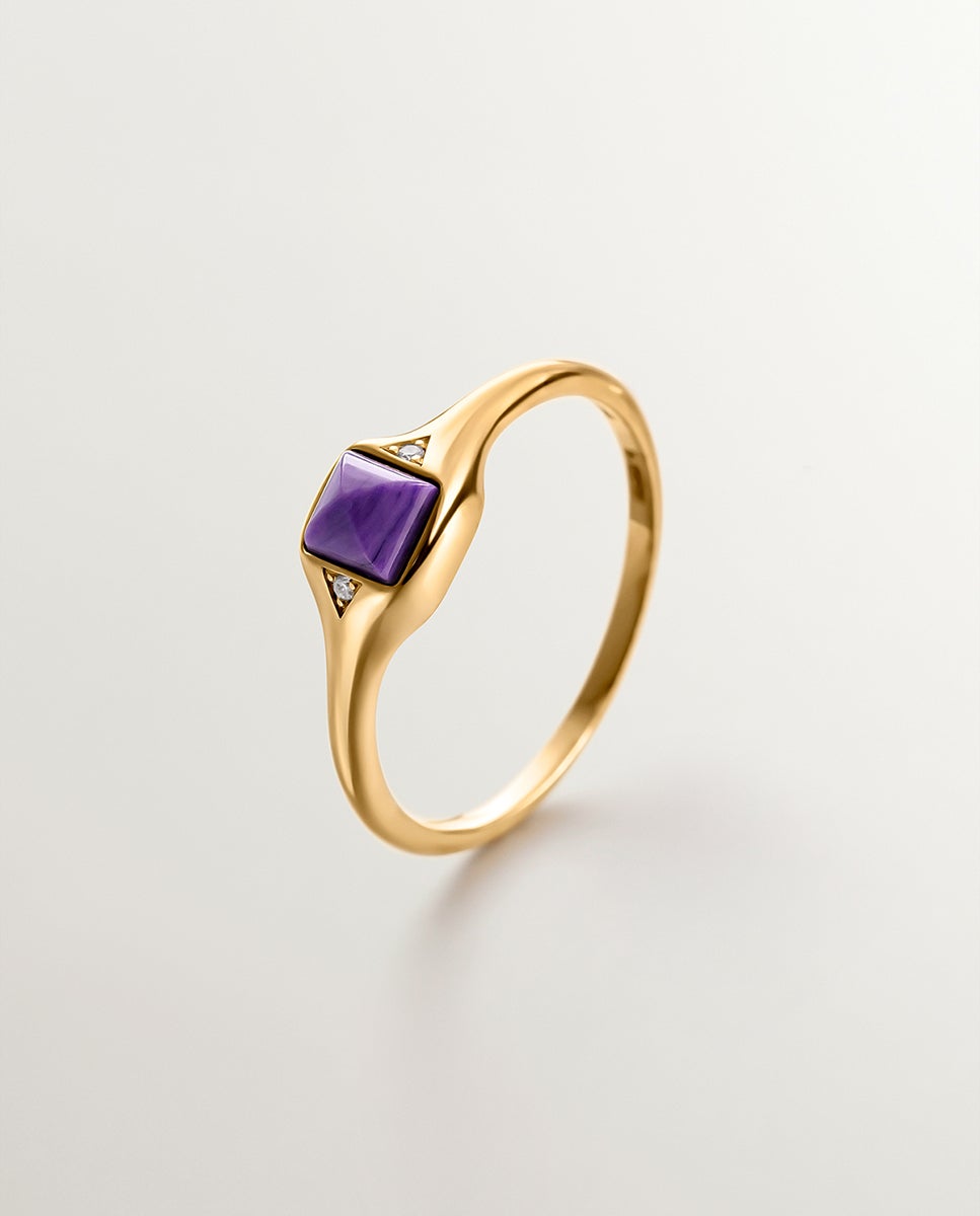 Anel de Selo de Ouro Amarelo de 9k com Charoíta Roxa Roxo-1