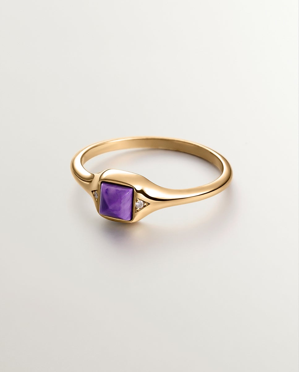 Anel de Selo de Ouro Amarelo de 9k com Charoíta Roxa Roxo-3
