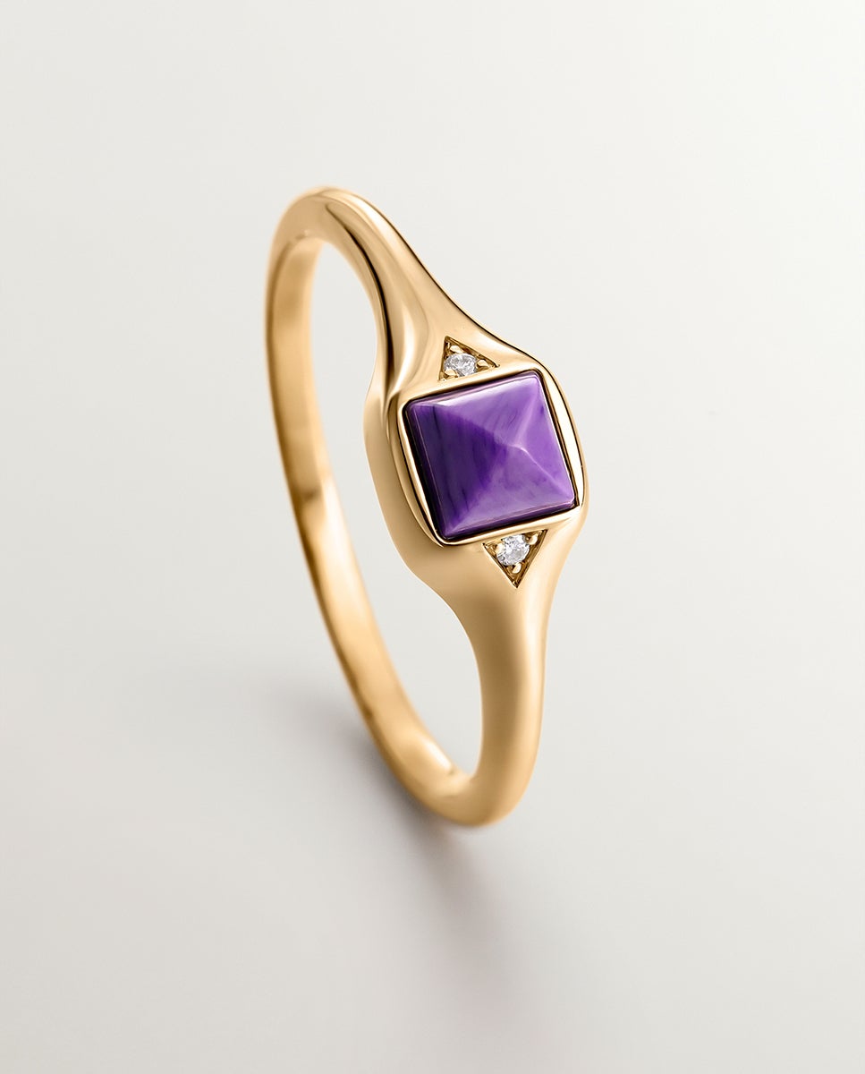Anel de Selo de Ouro Amarelo de 9k com Charoíta Roxa Roxo-5