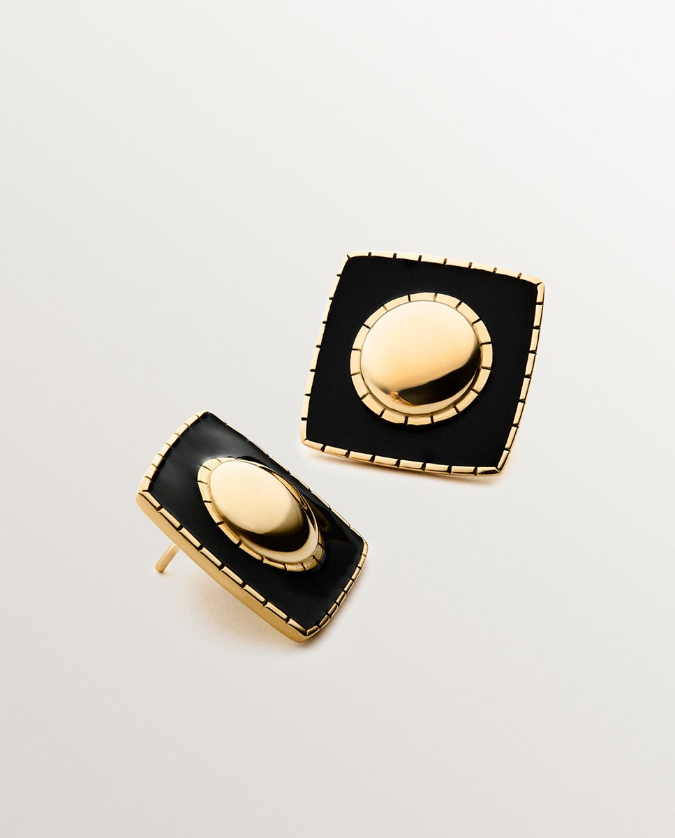 Brincos de Prata 925 Banhada em Ouro Amarelo de 18k com Forma Geométrica e Esmalte Preto Ouro-3