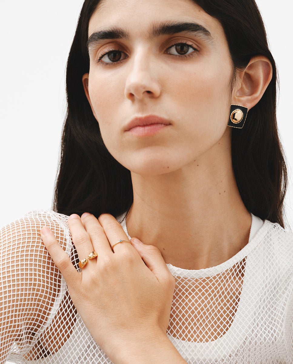 Brincos de Prata 925 Banhada em Ouro Amarelo de 18k com Forma Geométrica e Esmalte Preto Ouro-6