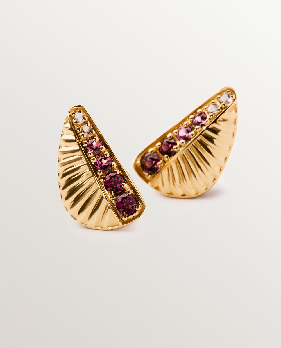 Brincos de Prata 925 Banhada em Ouro Amarelo de 18k com Rodolitos Roxos e Textura Guilloché Roxo-5