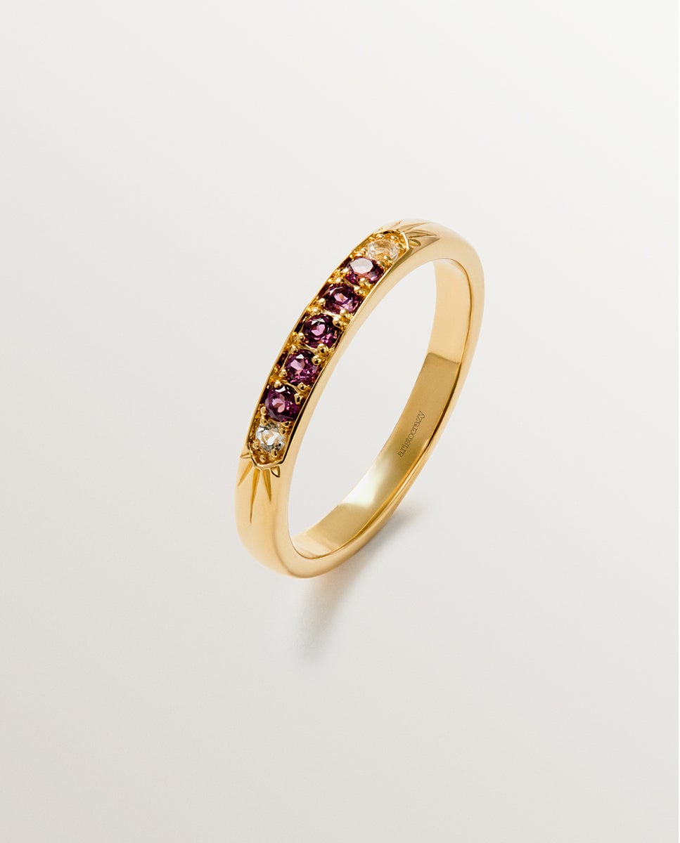 Anel de Prata 925 Banhada em Ouro Amarelo de 18k com Rodolitas Roxas e Topázios Brancos Roxo-1