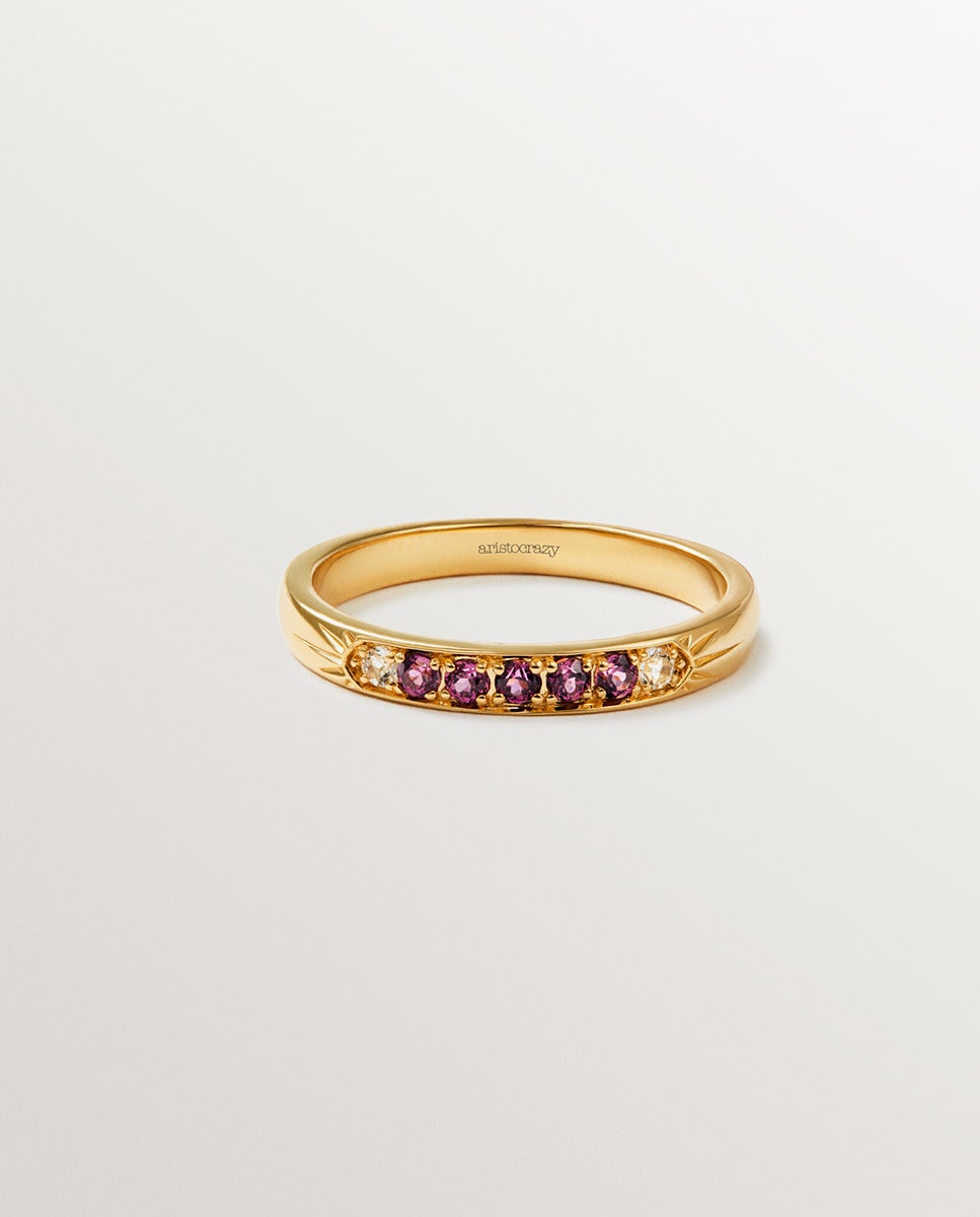 Anel de Prata 925 Banhada em Ouro Amarelo de 18k com Rodolitas Roxas e Topázios Brancos Roxo-3