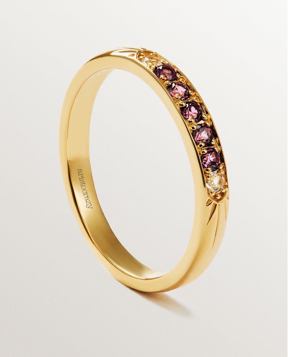 Anel de Prata 925 Banhada em Ouro Amarelo de 18k com Rodolitas Roxas e Topázios Brancos Roxo-5