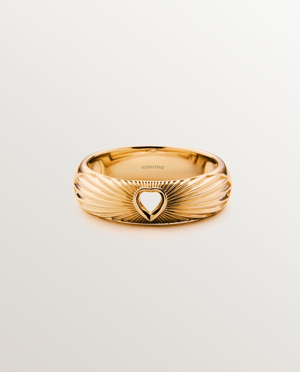 Anel de Prata 925 Banhada em Ouro Amarelo de 18k com Coração e Textura Guilloché Ouro-3