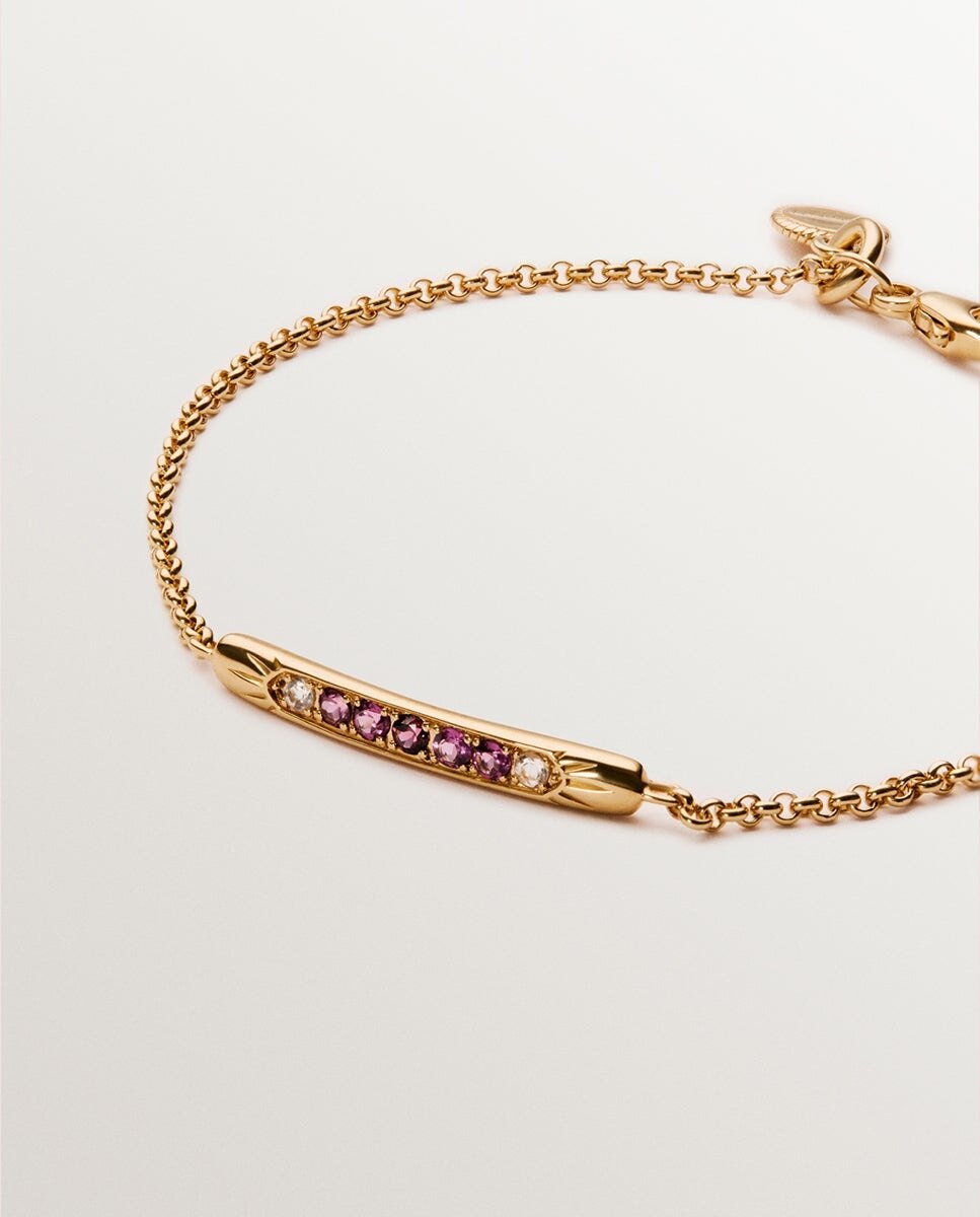 Pulseira de Prata 925 Banhada em Ouro Amarelo de 18k com Rodolitas Roxas e Topázios Brancos Roxo-3
