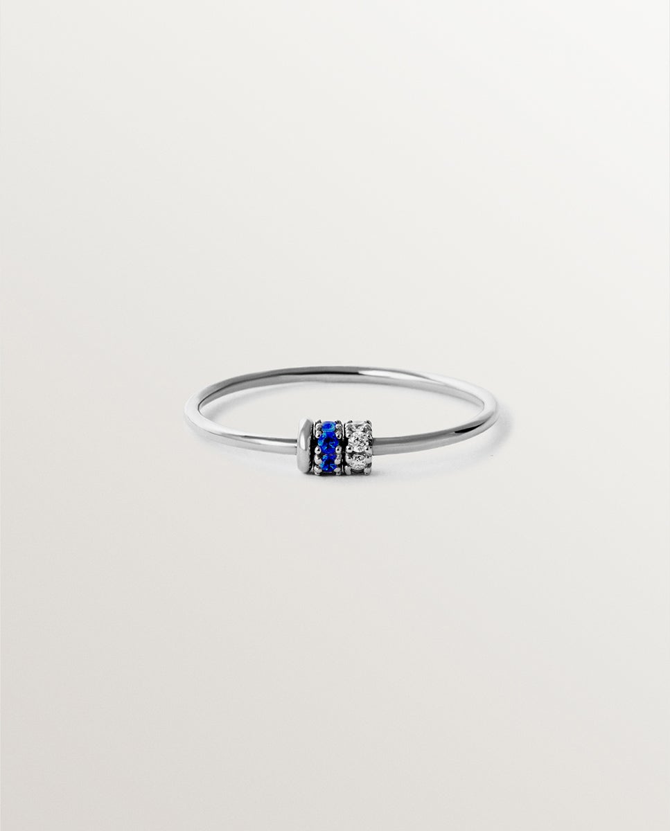 Anel de Ouro Branco de 9k com Safiras Azuis e Diamantes Azul-3