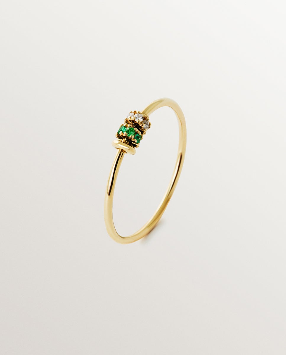 Anel de Ouro Amarelo de 9k com Esmeraldas e Diamantes Verde-1