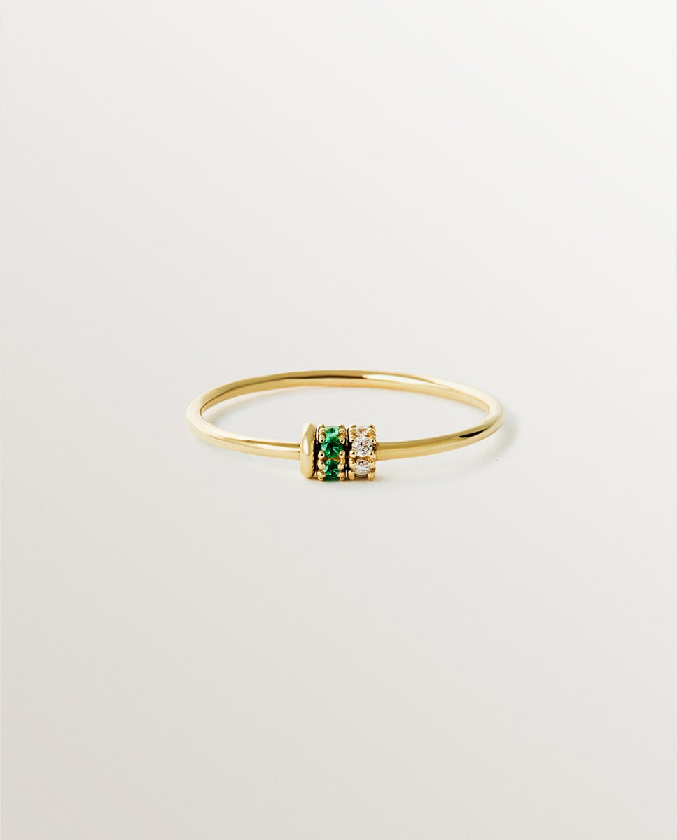 Anel de Ouro Amarelo de 9k com Esmeraldas e Diamantes Verde-3