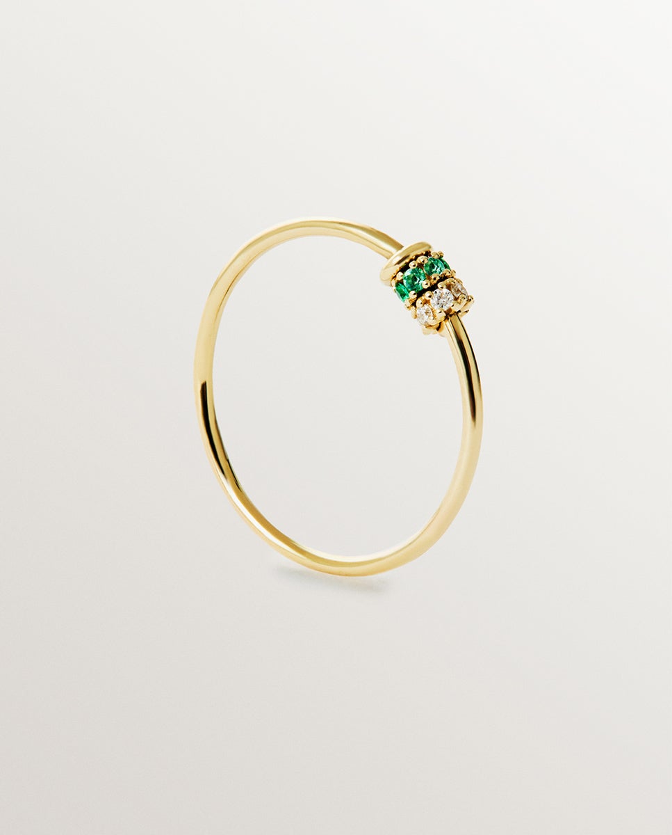 Anel de Ouro Amarelo de 9k com Esmeraldas e Diamantes Verde-5