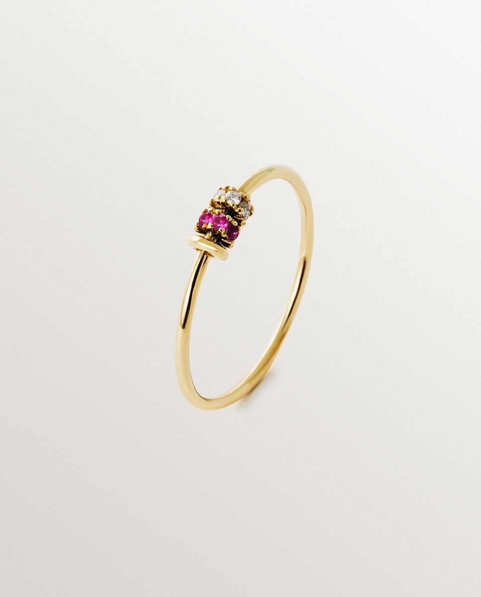 Anel de Ouro Amarelo de 9k com Rubís e Diamantes Vermelho-1